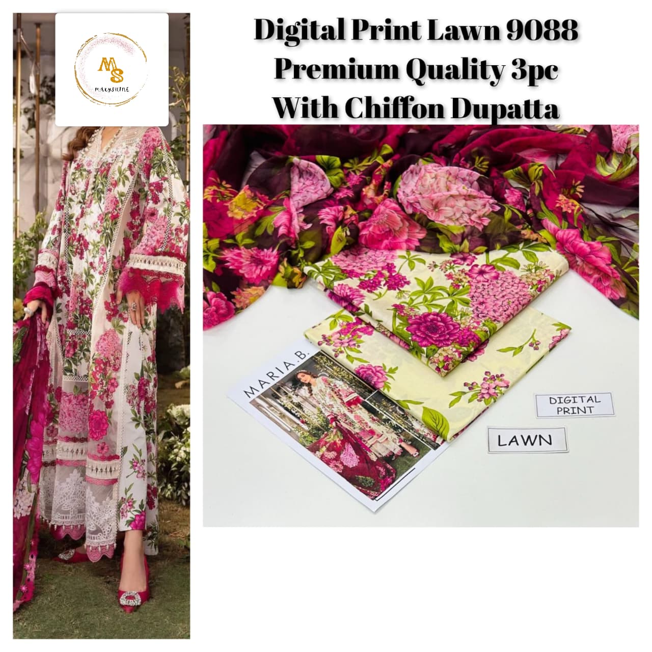 MaxyShine Summer Season 2025 Digital Lawn 3PC Suit – Airjet Lawn with Soft Chiffon Dupatta